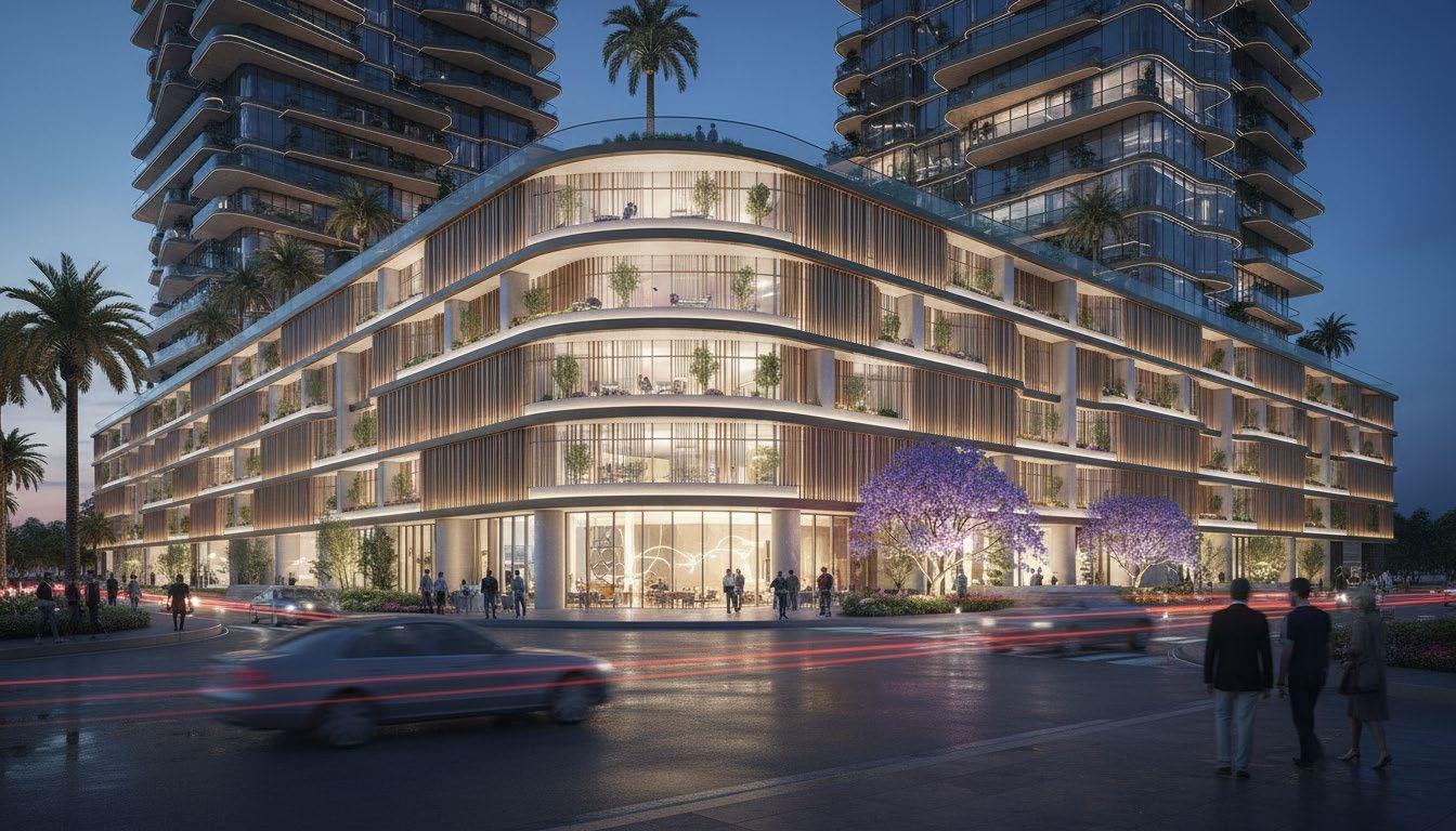 Radiant Atrium landscaped podiums, canal views, and premium urban lifestyle spaces